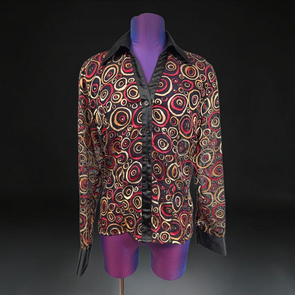 Michael Tyler Women Embroidered Sheer Mesh Blouse Circle Pattern Medium Vintage
